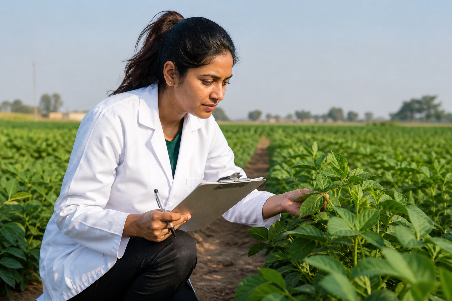 Agricultural scientist conducting field research in a modern crop research plot
