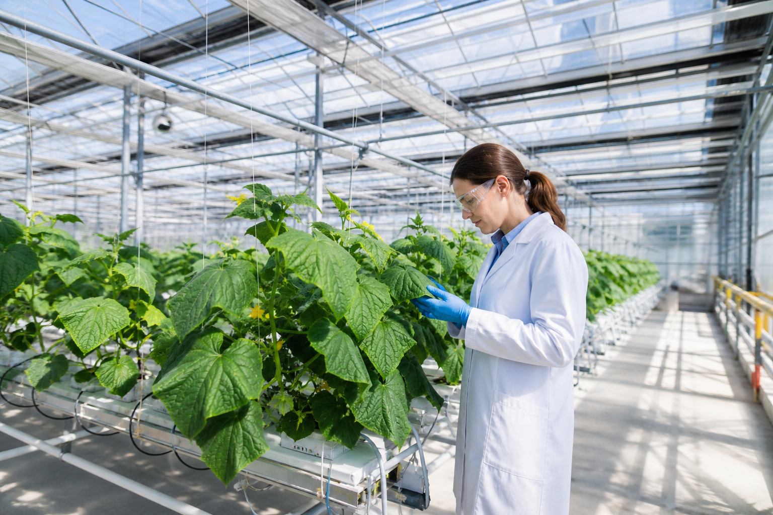 Modern agricultural research greenhouse with advanced protected cultivation systems