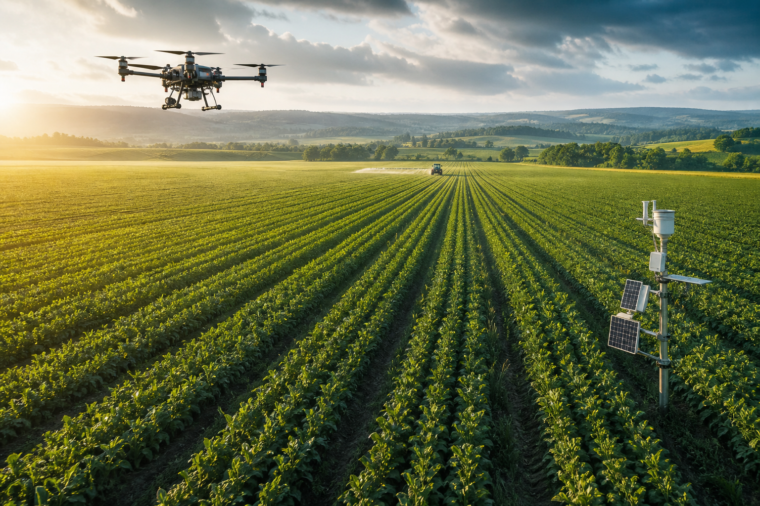 Precision agriculture field with drone surveying and modern crop monitoring technology